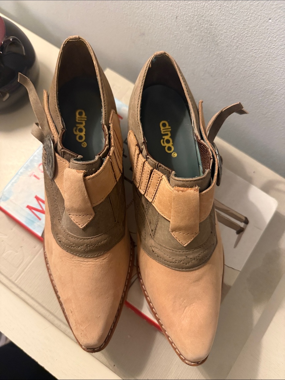 dingo Two-Tone Tan and Olive Women's Western Heeled Ankle Boots